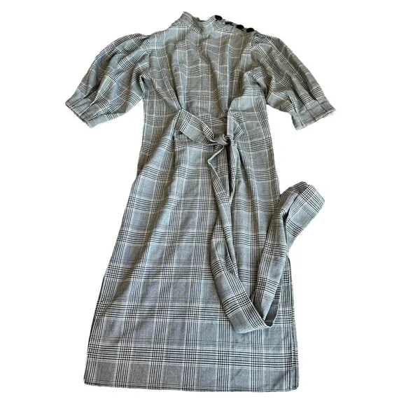 ZARA gray plaid checkered puff sleeve dress M - Picture 8 of 13